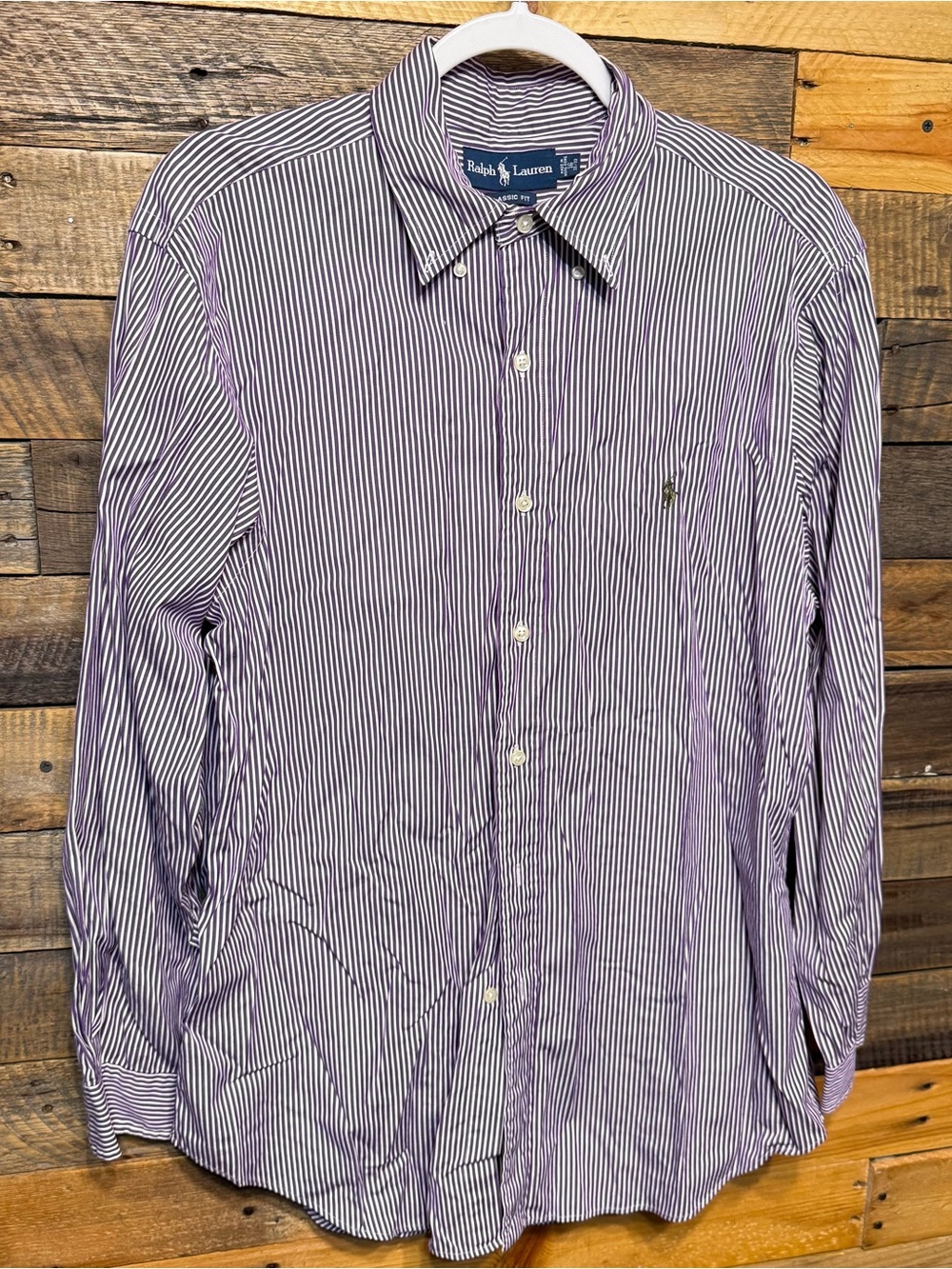 Ralph Lauren Mens 16 32/33 Cotton Purple White Striped Classic Fit Button Down